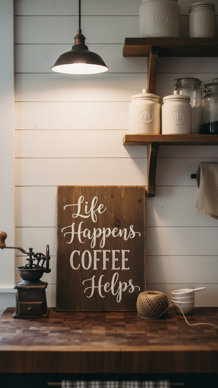 Hand-painted wooden sign with 'Life Happens, Coffee Helps' phrase leaning against shiplap wall on butcher block countertop.