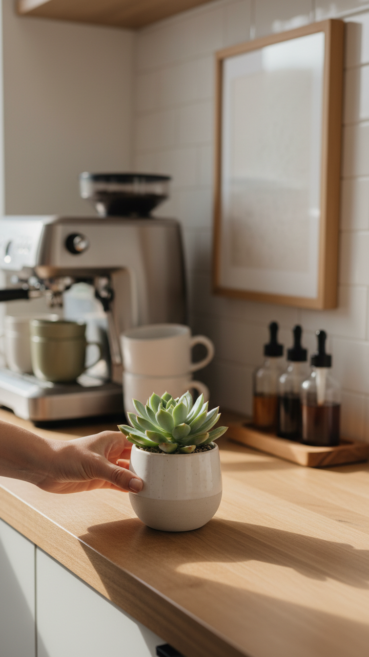 Hand placing small green succulent on pristine coffee bar countertop with espresso machine and syrup bottles