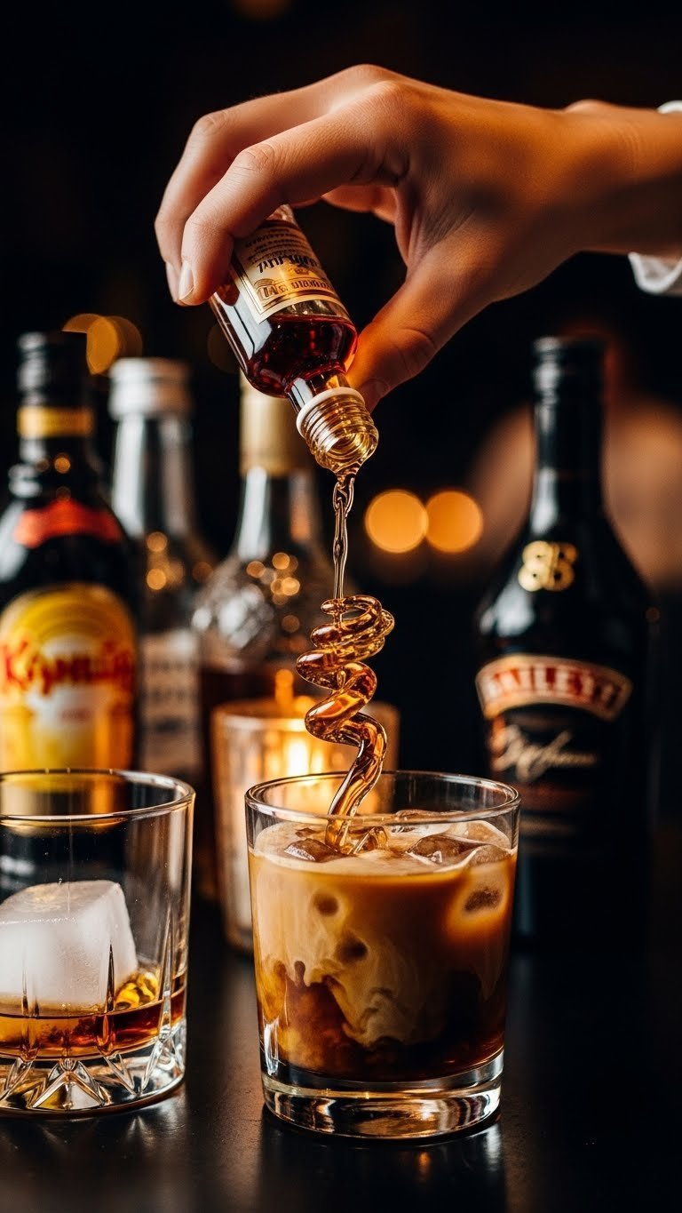 Hand pouring liqueur into iced coffee glass for festive wedding after-dinner drink moment