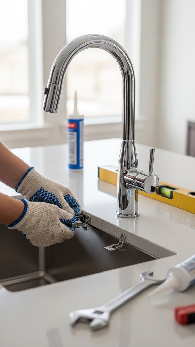 Hands installing undermount stainless steel bar sink with chrome faucet into pre-cut countertop opening