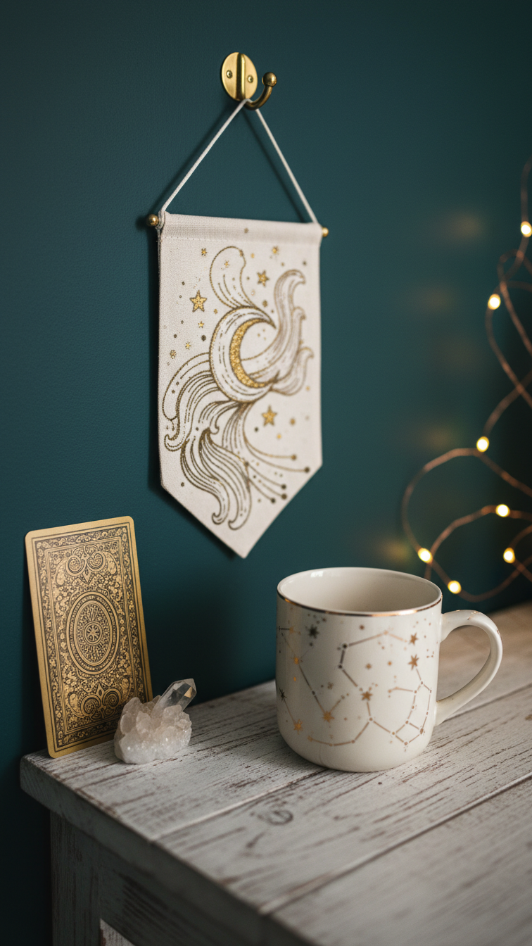 Hanging canvas banner with 'Coffee is My Daily Dose of Magic' celestial-themed text against dark teal wall with fairy lights.