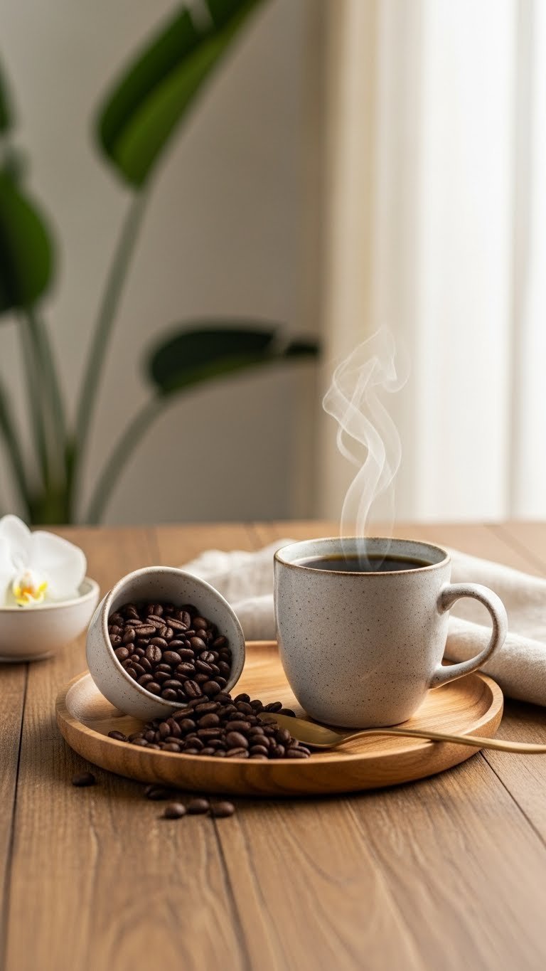 Hawaiian Kona coffee beans spilling from ceramic bowl onto wood tray with steaming mug of golden hour-lit brew