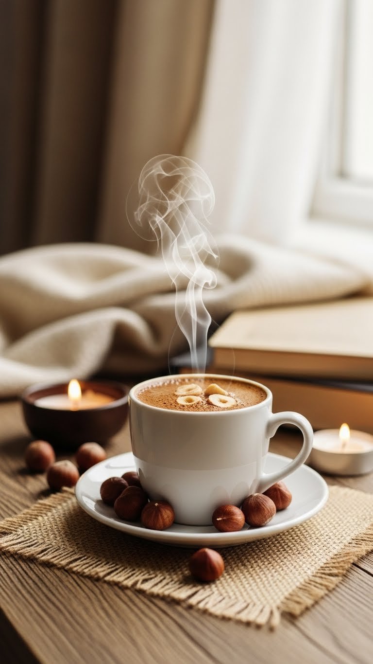 Turkish Coffee Flavors: The Definitive Taste Guide 9 Hazelnut Turkish coffee steaming in fincan with roasted hazelnuts scattered on rustic wooden table