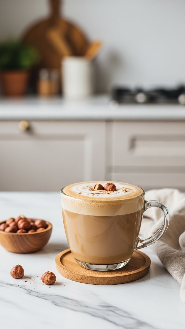 Hazelnut adaptogen coffee topped with delicate foam and whole hazelnuts on white marble table with soft lighting