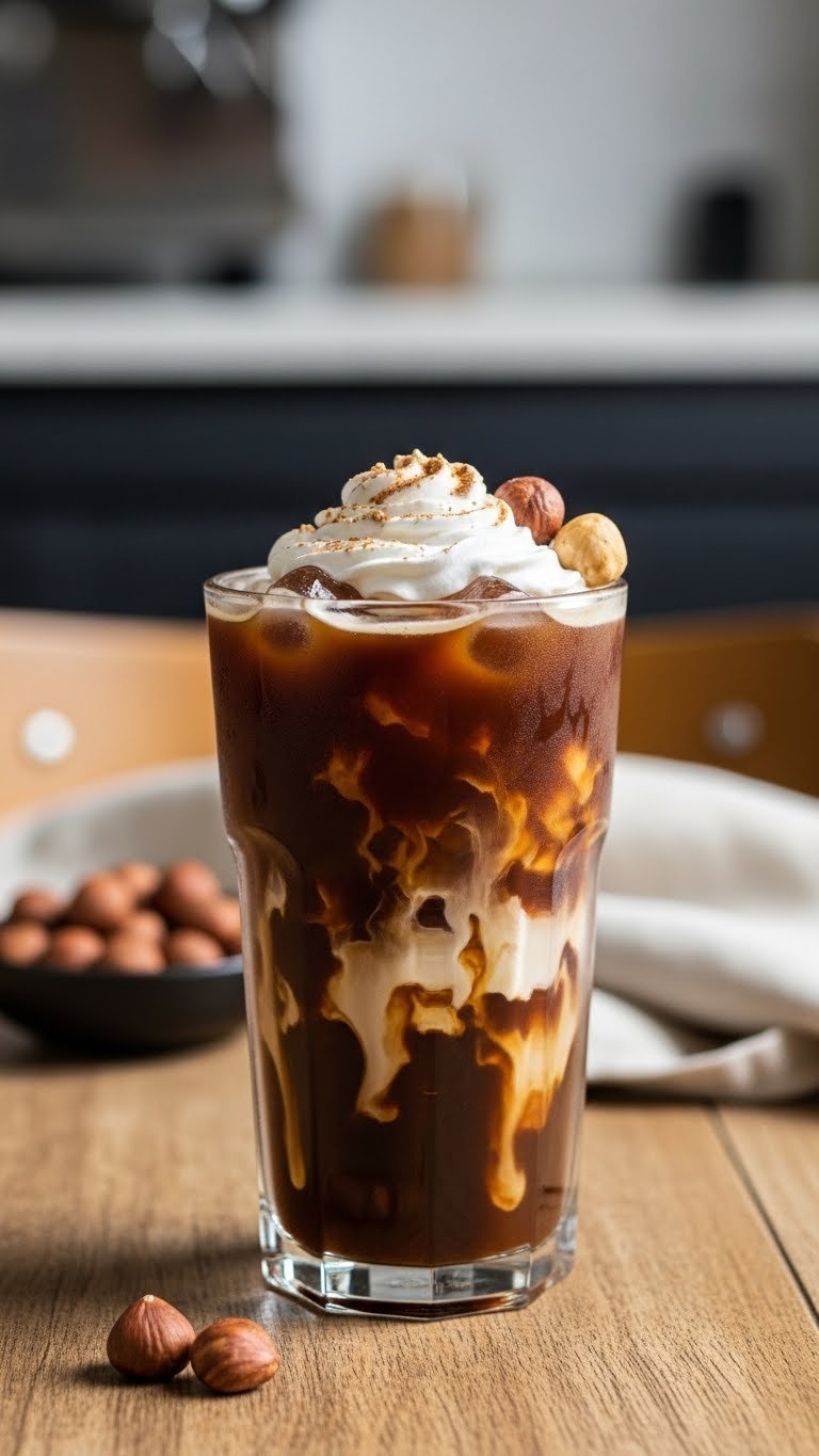 Hazelnut iced coffee with nutty syrup and roasted hazelnuts on warm-toned wooden table.