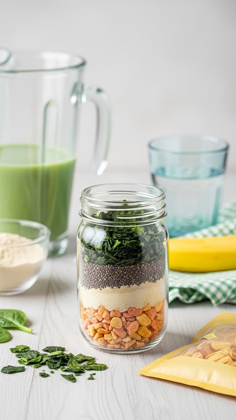 Healthy Green Smoothie Mix mason jar with spinach flakes, chia seeds, and protein powder on light wooden surface