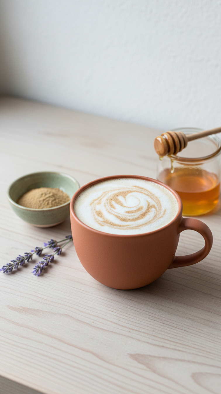Healthy adaptogen latte in ceramic mug with ashwagandha powder and lavender sprig wellness setting