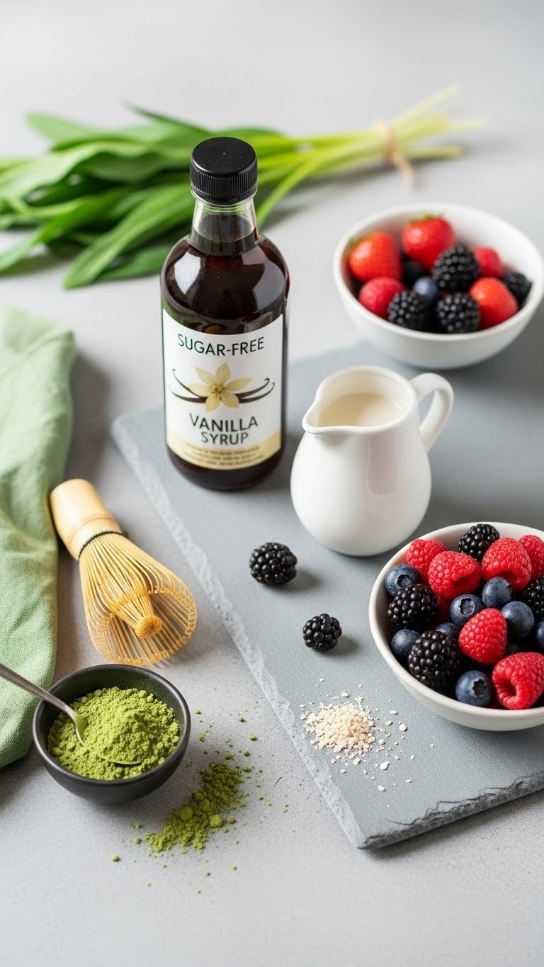 Healthy coffee station with sugar-free vanilla syrup, oat milk, fresh berries, and matcha powder