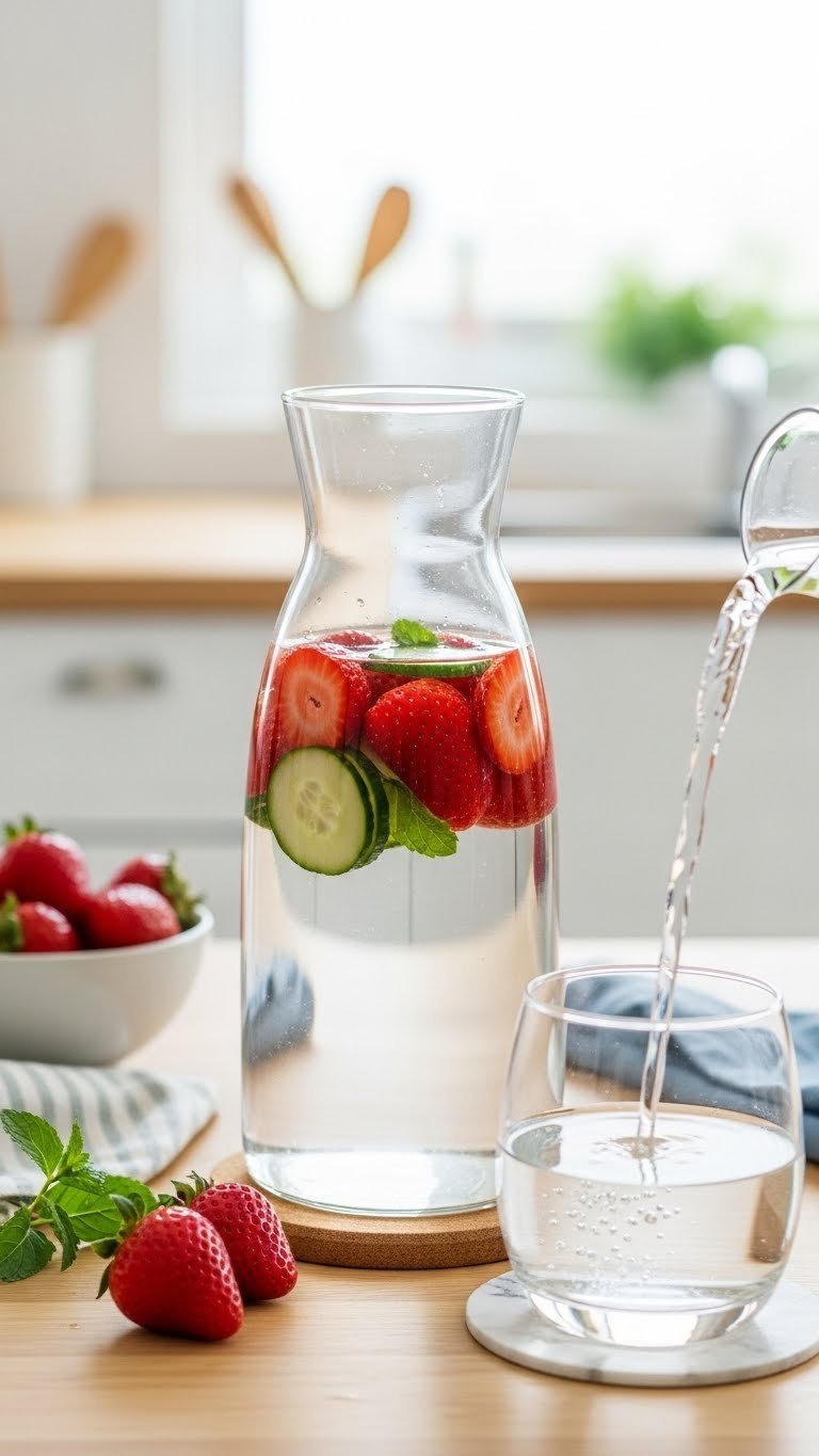 Healthy strawberry infused water with floating strawberry slices and mint in clear pitcher