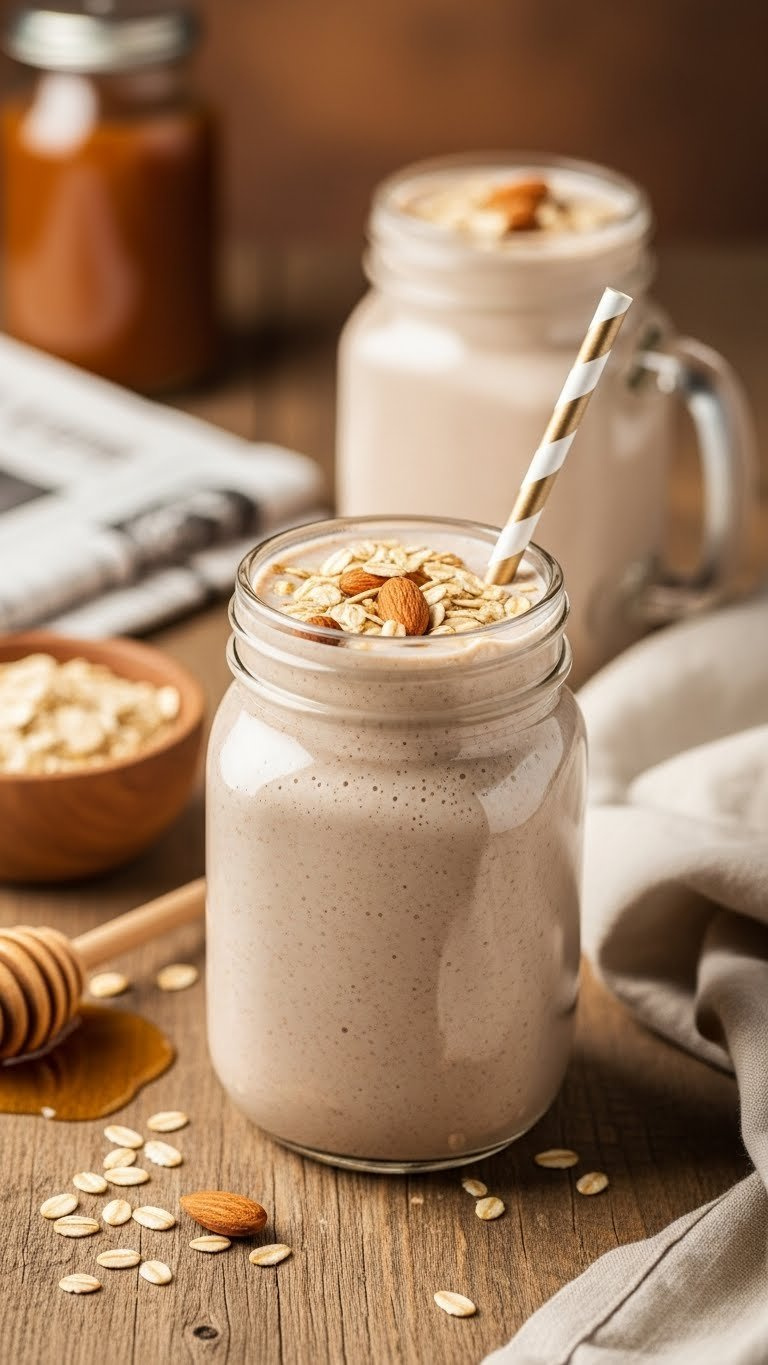 Hearty oatmeal breakfast smoothie with rolled oats and sliced almonds in mason jar on rustic wooden table