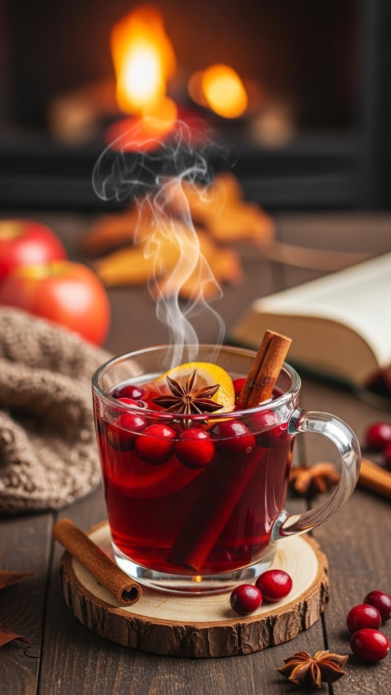 Heat-resistant mug with steaming spiced cranberry apple cider garnished with fresh cranberries, cinnamon stick and star anise