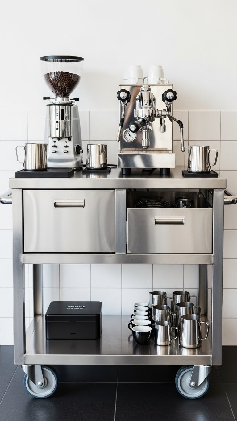Heavy-duty stainless steel cart with espresso machine and milk frother for home barista