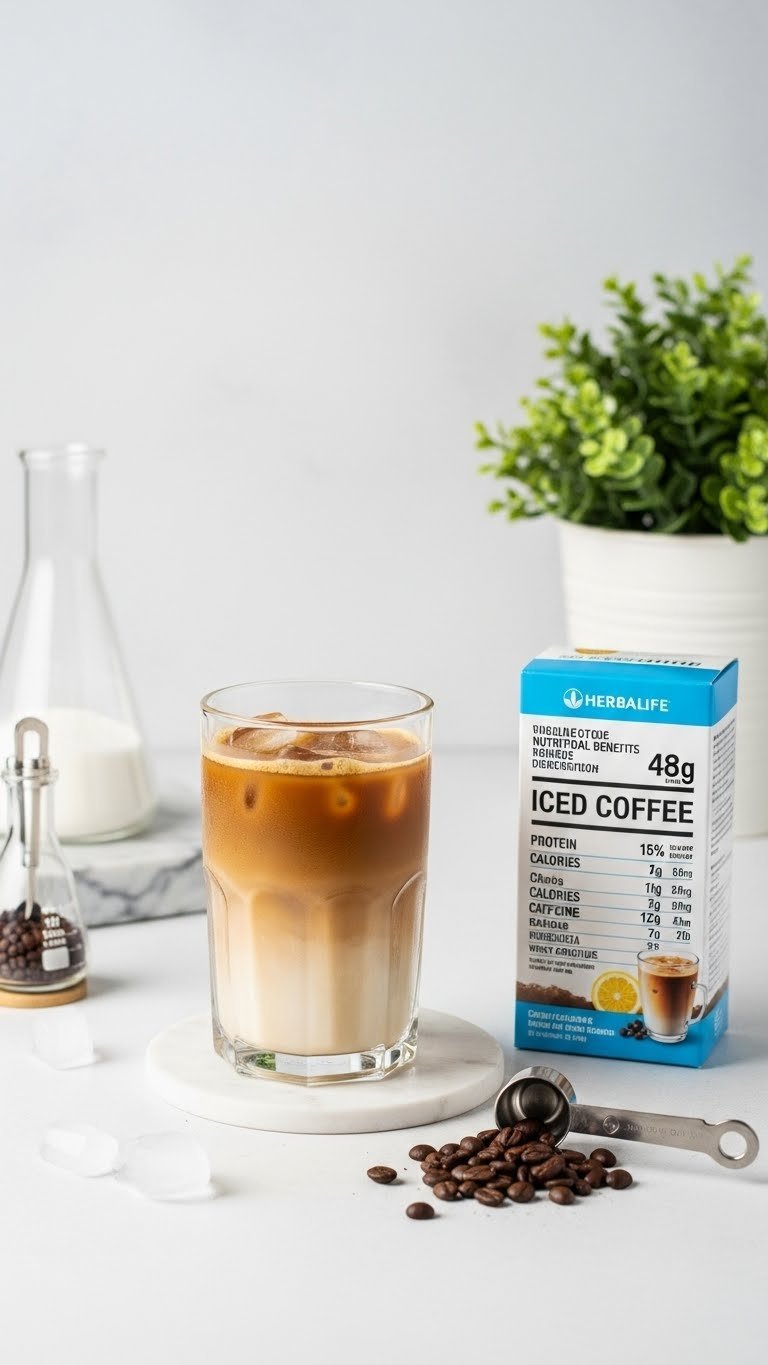 Herbalife iced coffee glass with nutritional elements like protein granules and coffee beans on clean white surface