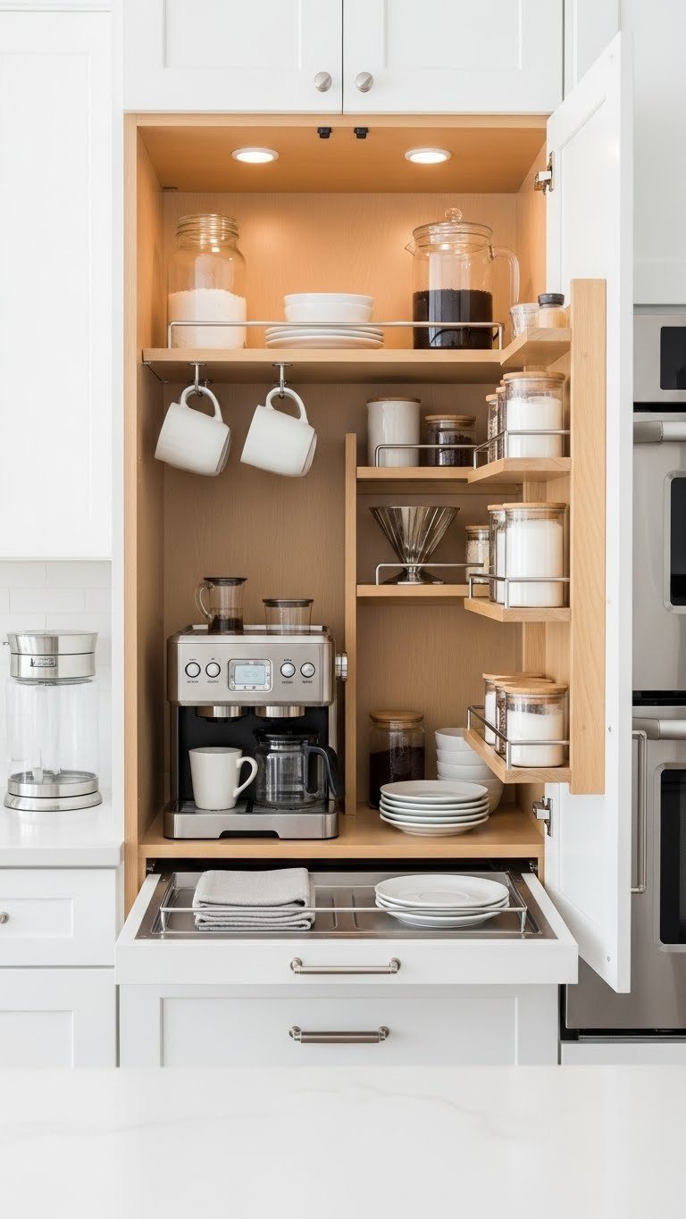 Hidden cabinet coffee bar with built-in storage, compact coffee maker, and mug hooks inside white cabinet