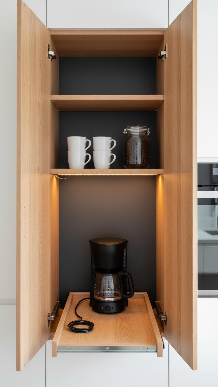 Hidden cabinet coffee nook with black drip coffee maker, white ceramic mugs, and glass coffee jar in charcoal gray interior.