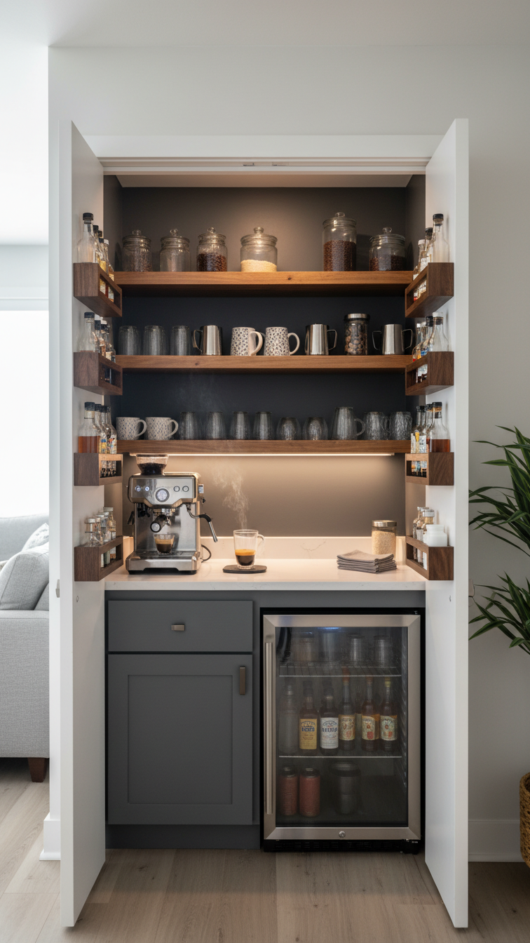 Hidden closet coffee bar with charcoal gray walls, chrome espresso machine, floating shelves, and bifold door spice rack