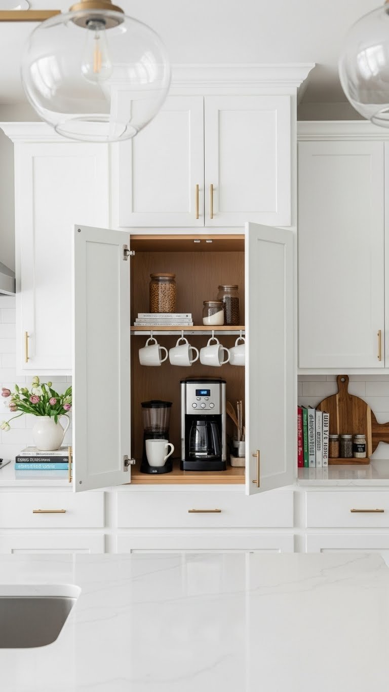 Hidden coffee bar in appliance garage cabinets with bi-fold doors open revealing coffee maker, cups, and accessories on white quartz.
