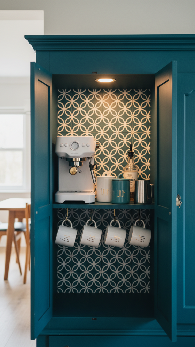 Hidden coffee bar inside dark teal armoire with white espresso machine, hanging mugs, and stylish peel-and-stick tile backing
