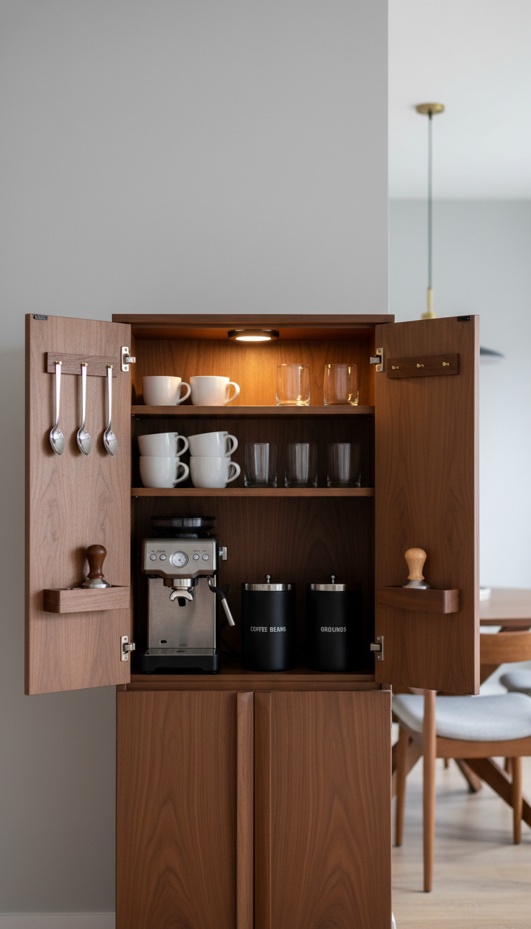Hidden coffee bar inside mid-century wooden cabinet with espresso machine and organized mug storage.