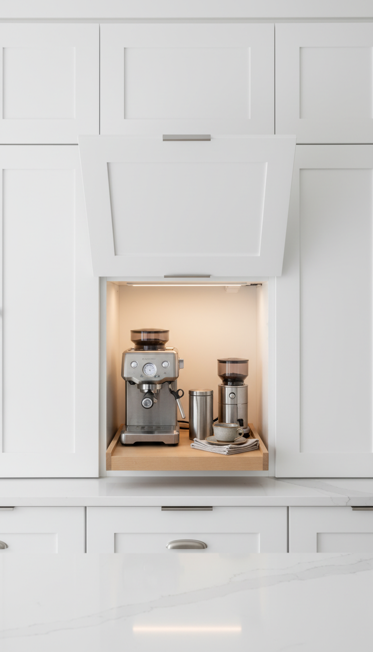 Hidden coffee bar inside modern white kitchen cabinet with espresso machine and grinder on pull-out shelf
