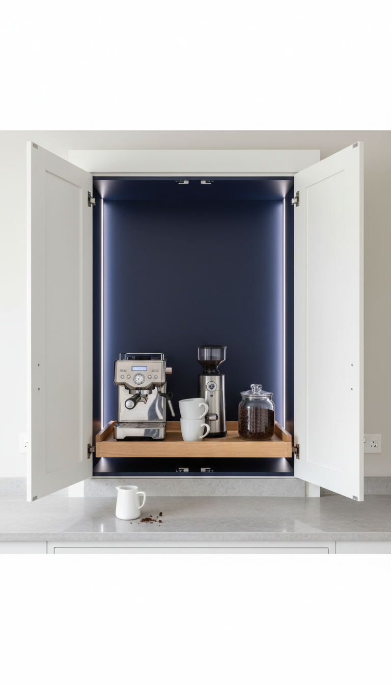 Hidden coffee bar inside navy blue cabinet with pull-out shelf holding compact espresso machine