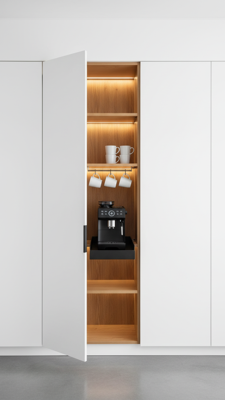 Hidden coffee station in minimalist white pantry cabinet with black coffee machine on oak wood backdrop