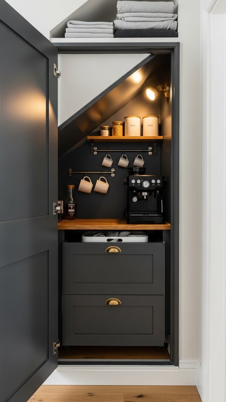 Hidden coffee station inside converted closet under staircase with charcoal walls, wooden countertop, and espresso machine.