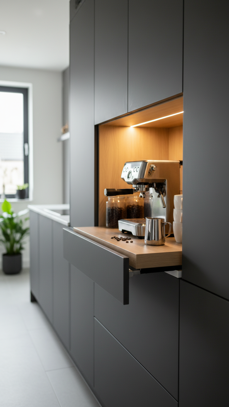 Hidden coffee station inside dark gray cabinet with espresso machine and white mugs organized on quartz countertop