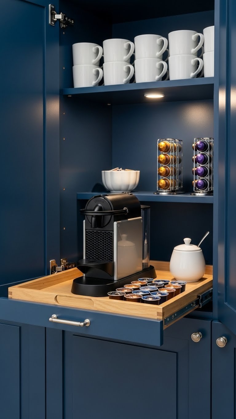 Hidden coffee station inside deep blue TV cabinet with pull-out wooden tray holding Nespresso machine and colorful pods.