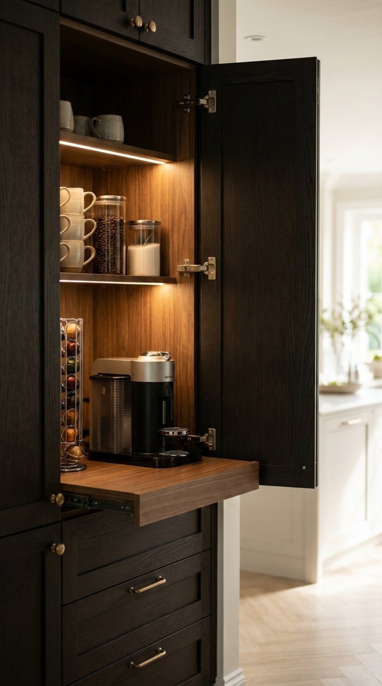 Hidden coffee station inside open kitchen cabinet with Nespresso machine, stacked cups, and organized coffee pods in dark wood tones.