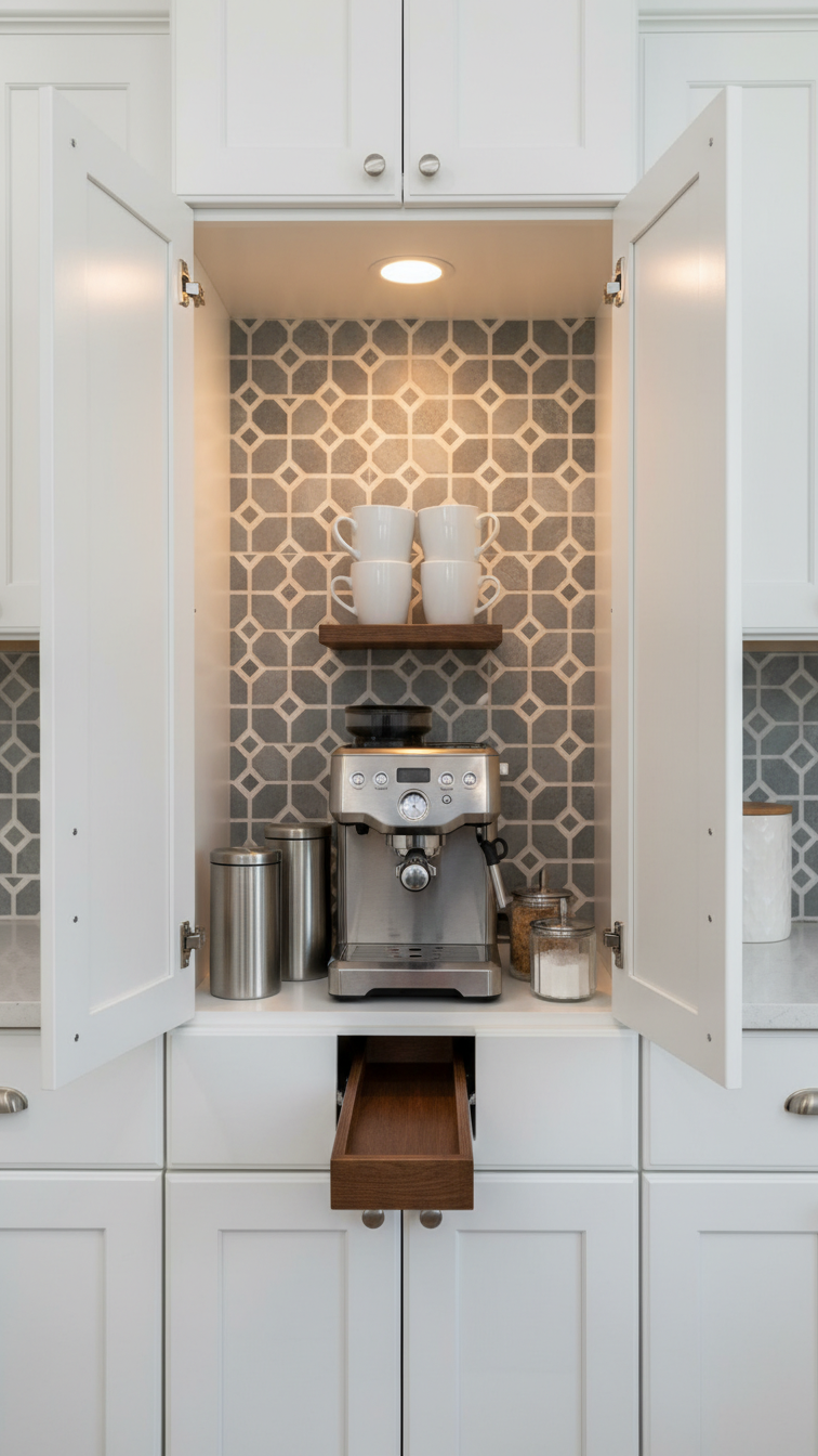 Hidden coffee station inside white shaker cabinet with espresso machine on pull-out shelf and illuminated interior