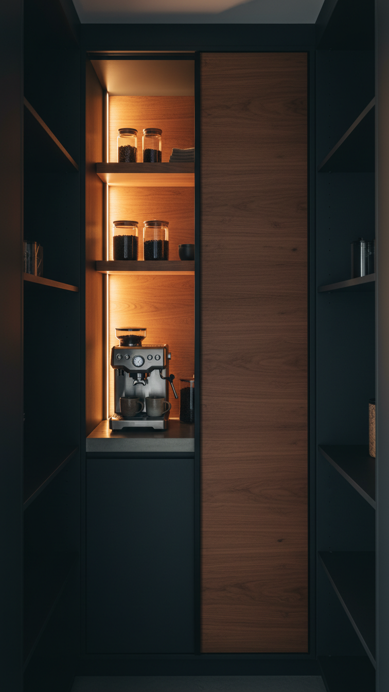 Hidden pantry coffee bar revealed by slid-back pocket door with dramatic internal lighting in dark charcoal space