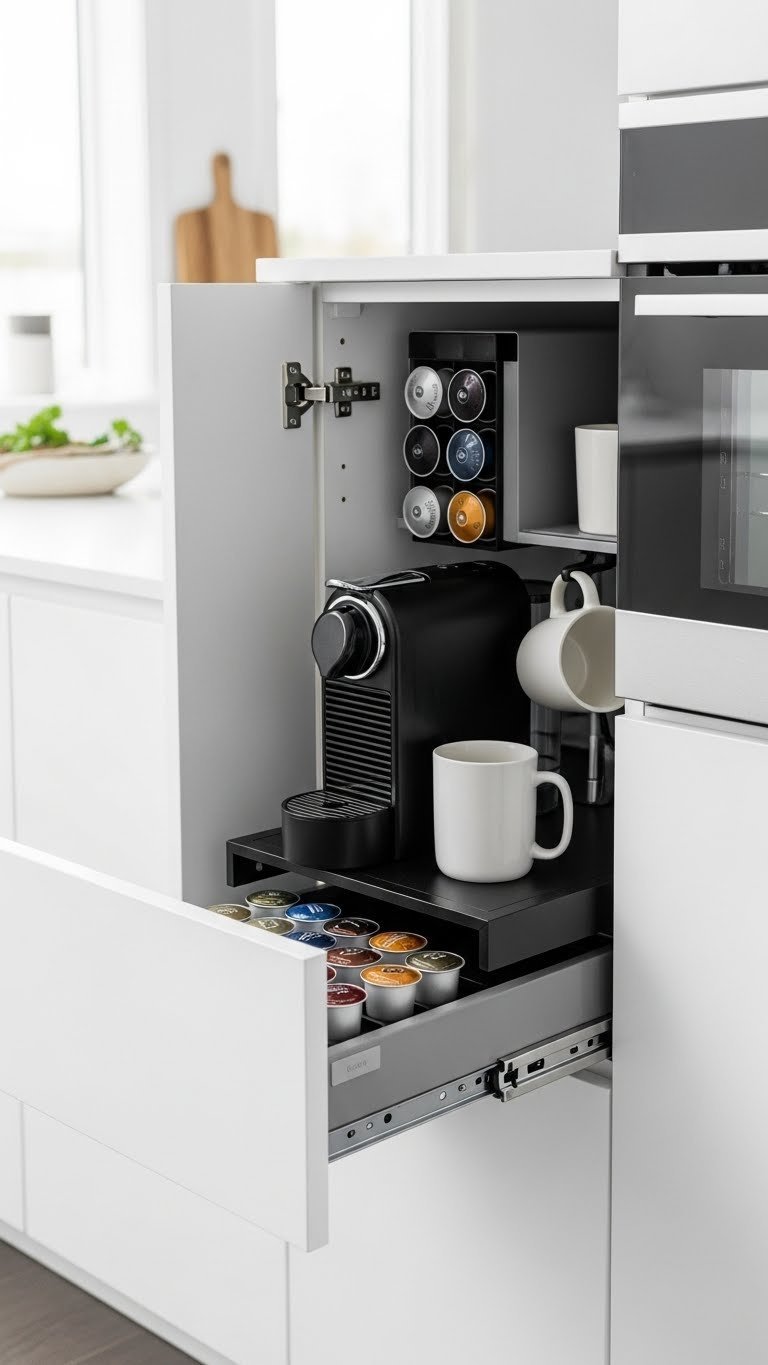 Hidden pop-out black and white coffee bar concealed in kitchen drawer with compact coffee machine and mug storage