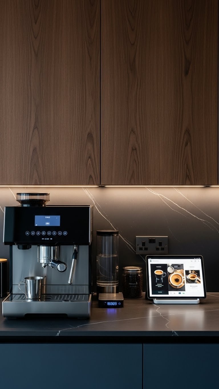 High-end smart home coffee bar featuring app-controlled espresso machine with integrated technology and ambient LED lighting