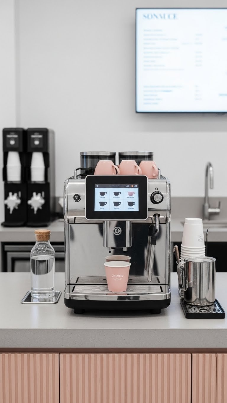 High-tech self-serve espresso bar with bean-to-cup machine and digital touchscreen in sleek modern salon interior.