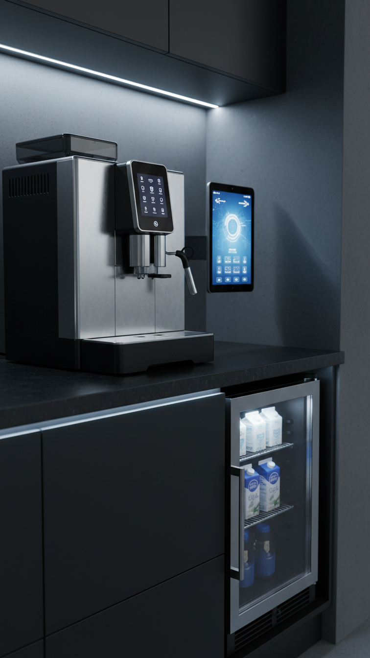 High-tech smart coffee station with Wi-Fi espresso machine, wall-mounted tablet interface, and glass-door mini-fridge