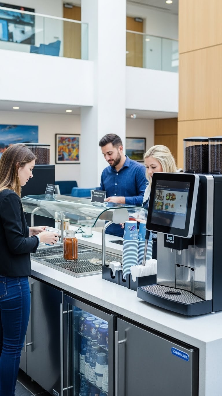 High-traffic self-serve coffee hub with automated machines and touchscreen interface in corporate lobby.