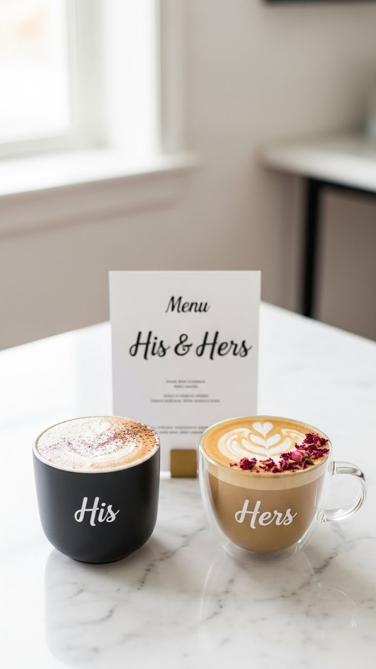 His and hers themed lattes side by side on marble countertop at chic wedding coffee bar