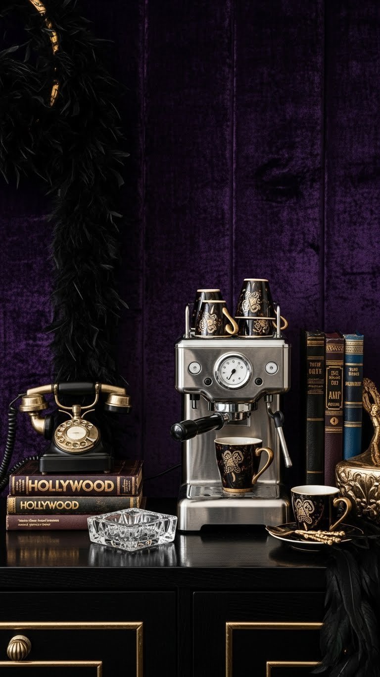 Hollywood glam coffee bar with jewel-toned velvet, metallic accents, and vintage machine against dramatic dark wall