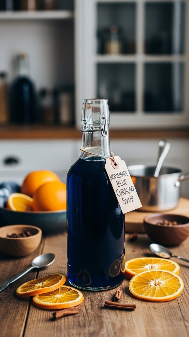 Homemade blue curaçao syrup in glass bottle with orange peels on rustic wooden table