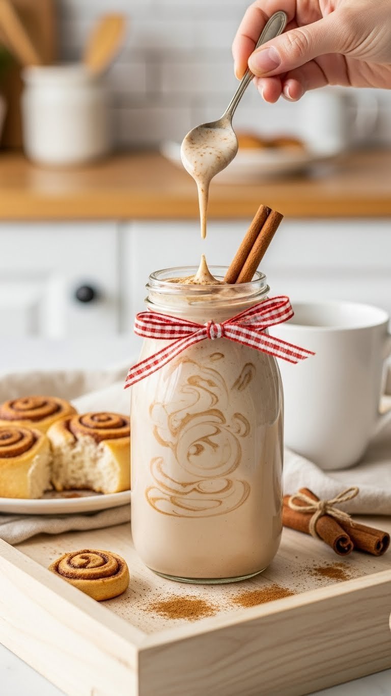 Homemade cinnamon roll coffee creamer in decorative glass bottle surrounded by mini cinnamon rolls