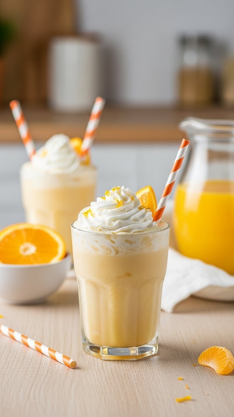 Homemade orange creamsicle drink with creamy pale orange beverage and whipped cream swirl in glass