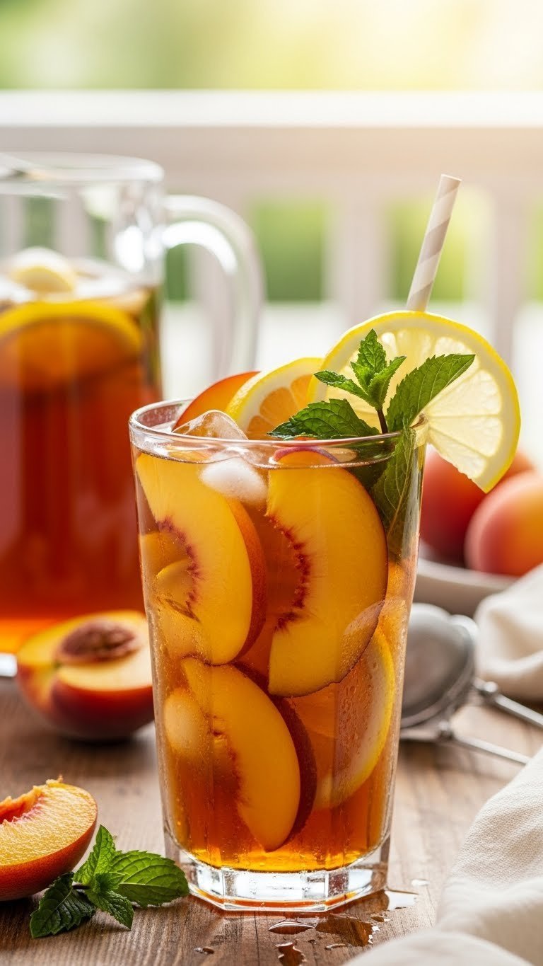 Homemade peach iced tea with fresh peach slices and lemon wedges in condensation-beaded glass