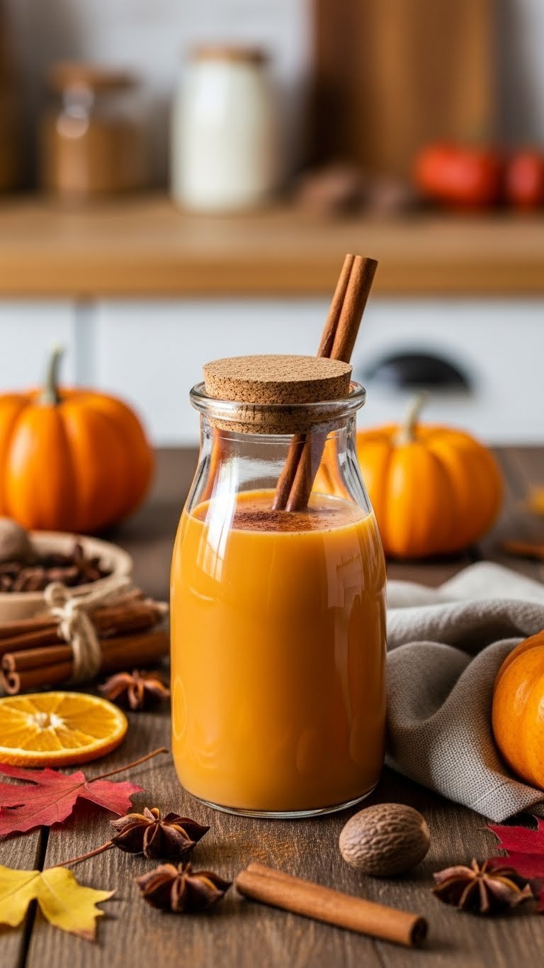 Homemade pumpkin spice coffee creamer in glass milk bottle with cinnamon stick garnish on autumn table