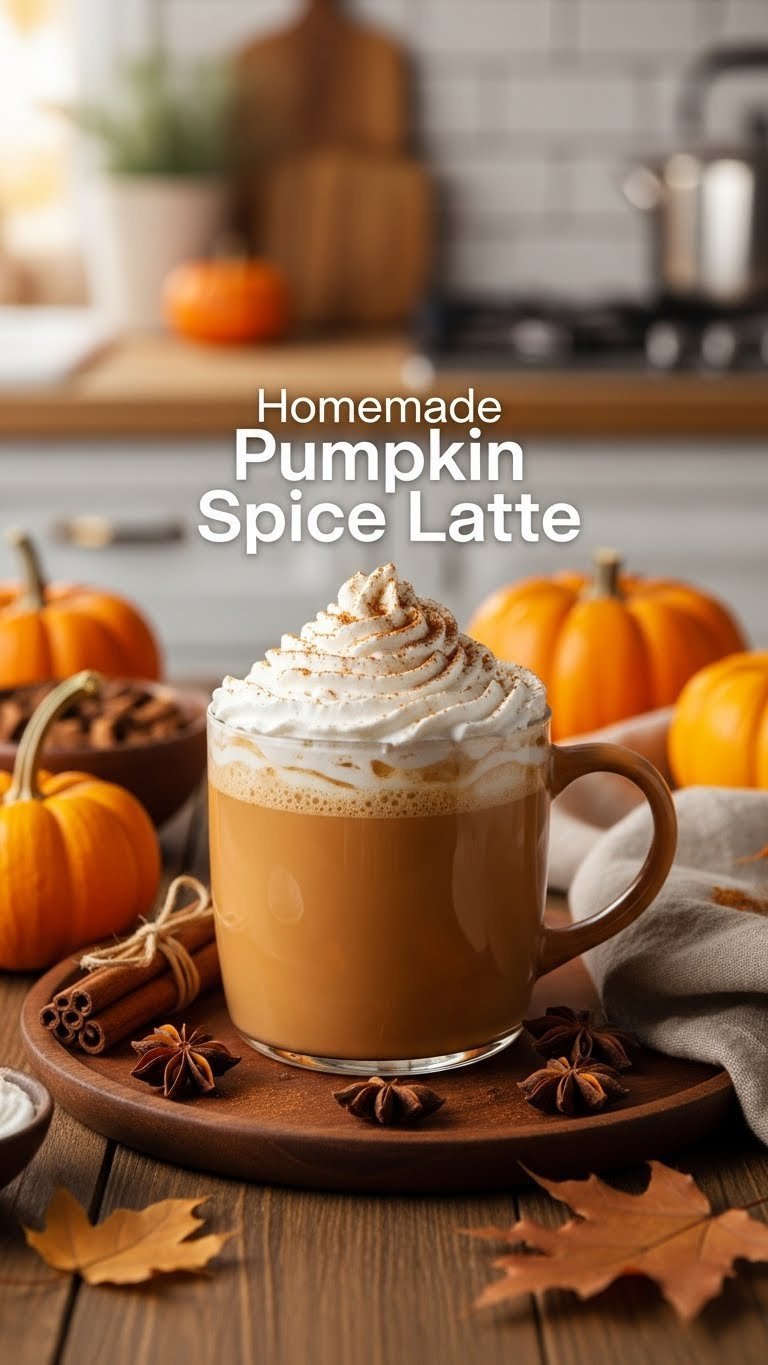 Homemade pumpkin spice latte topped with whipped cream and cinnamon on rustic wooden table