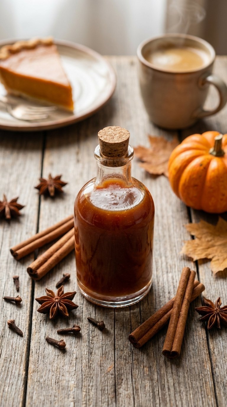Homemade pumpkin spice syrup bottle with cinnamon sticks and star anise on wooden surface with pumpkin muffin in background.