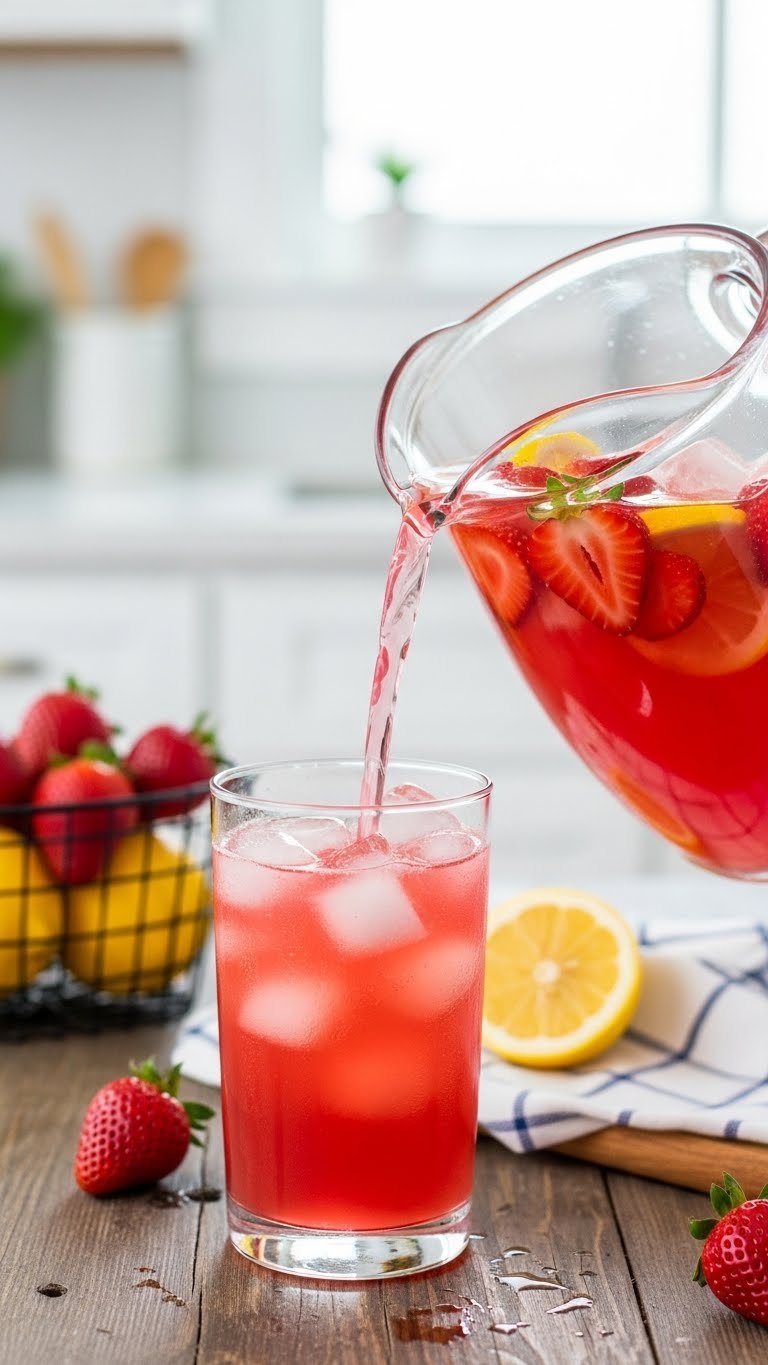 Homemade strawberry lemonade pitcher with floating strawberry slices poured into tall glass