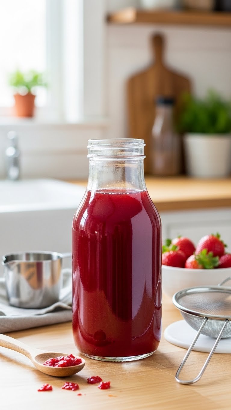 Homemade strawberry syrup in glass bottle with fresh strawberries on wooden countertop