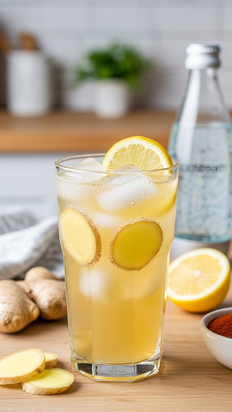 Homemade zero-sugar ginger ale in vintage glass with fresh ginger slices, lemon wedge and ice.