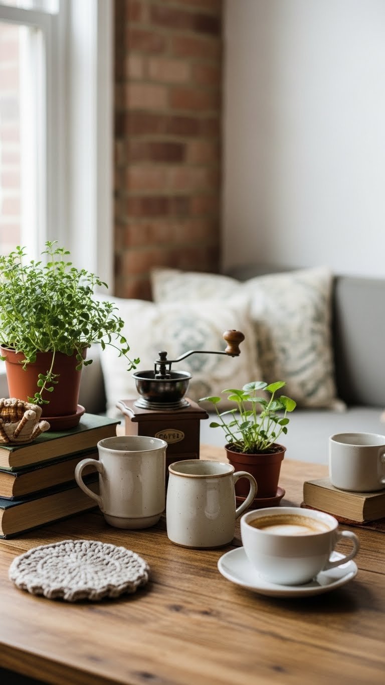 Homey 90s coffee bar counter with mismatched ceramic mugs and vintage coffee grinder on distressed wooden surface